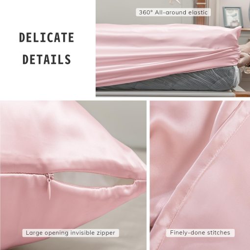Juego de sabanas de seda Promeed mejorado de 23 mommes para cama individual XL 3 piezas, conjunto de cama de seda de mora de grado 6A+ con sabana bajera y sabana plana refrigerantes y fundas de almohada (Rosa, Individual/Individual XL) - Imagen 5