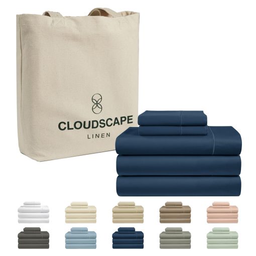Juego de sabanas para cama ajustable Split King de CLOUDSCAPE LINEN 100% algodon egipcio - 5 piezas | Juego de sabanas Split King de algodon egipcio de 1000 hilos | Bolsillos profundos de hasta 18" - Denim Oscuro