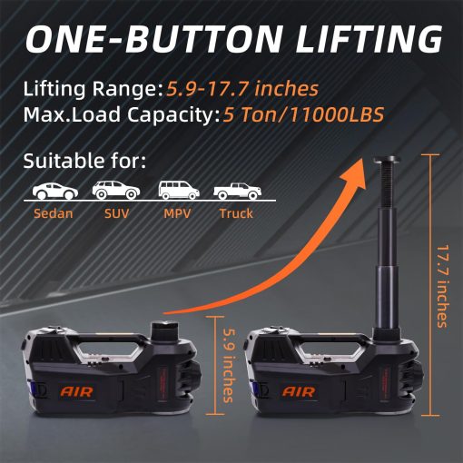 Gato Electrico STANDTALL con Bomba de Inflado de Neumaticos, Gato Hidraulico de 5 Toneladas 12V, Gato Electrico para Coches Negro con Luz LED para SUVs y Sedanes - Imagen 2