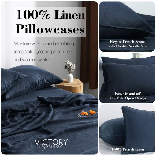 Juego de sabanas de lino frances natural organico al 100%, certificado GOTS, lujoso y suave lavado de piedra, 3 piezas de sabanas para cama (Azul Marino, Individual) - Imagen 4