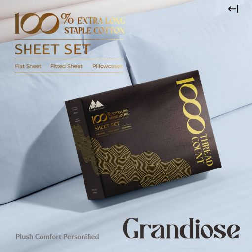 Juego de Sabanas de 100 % algodon egipcio en tamano completo - Juego de sabanas de bolsillo profundo de 4 piezas de 1000 hilos, suave tejido de saten de hotel de lujo, sabana de enfriamiento, se ajusta al colchon de hasta 18" - Azul Claro - Imagen 4