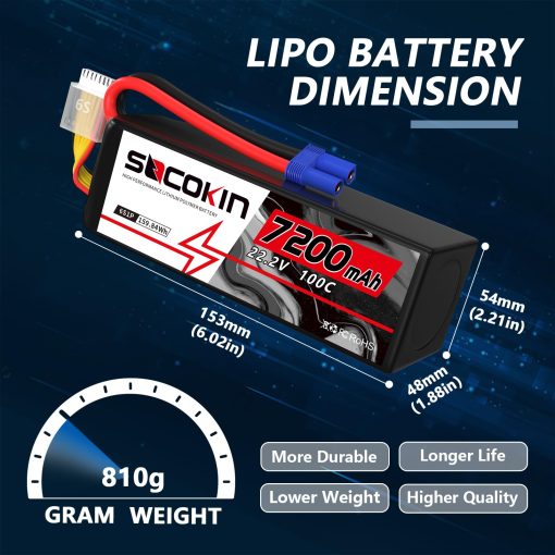 Bateria Lipo Socokin 6S 22.2V 100C 7200mAh con Conector EC5 Estuche Blando para Coche Camion Tanque Barco Carreras de Hobby (2 Packs) - Imagen 3