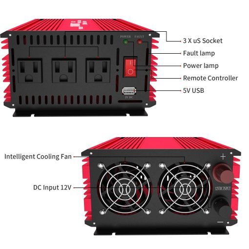 POWTDEAR Power Inverter 2000 Watt, Convertidor de Energia 2000W DC 12V a 110V AC Inversor de Coche con Puertos USB de 2.4A y 3 Tomas de Corriente Alterna Rojo - Imagen 4