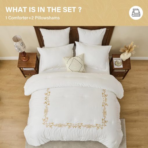 Juego de edredon de algodon egipcio de gran calidad SahSahCasa tamano Queen, Edredon esponjoso, Juego de ropa de cama de algodon 100% para cama Queen, Edredon acolchado floral bordado ligero, 90" x 90", 3 piezas, Blanco - Imagen 6