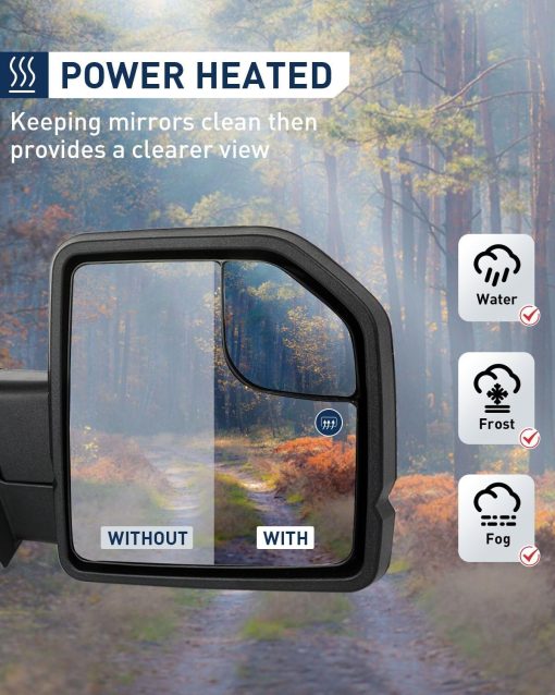 Espejos de remolque ECCPP para camionetas F150 PickUp 2015-2019 con ajuste electrico de potencia en lado izquierdo y derecho, calefaccion, luz de giro con carcasa negra, plegado manual y extension manual - Imagen 4