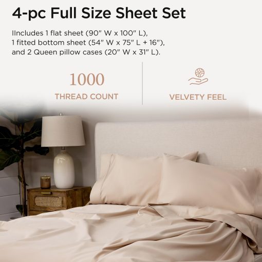 Juego de sabanas de algodon Supima de lujo Threadmill, Juego de sabanas de 1000 hilos suaves 100% algodon para cama de tamano completo, 4 piezas, Juego de sabanas beige completo, Calidad de hotel de 5 estrellas Set de sabanas de bolsillo profundo con elasticidad - Imagen 2