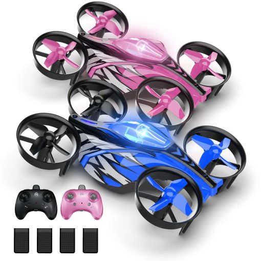 UNTEI 2 En 1 Mini Drones para Ninos Drone Control Remoto con Modo Terrestre o Modo Vuelo, Luces LED, Hovering Automatico, Flip 3D, Modo sin Cabeza y 4 Baterias, Juguetes Regalos para Ninos Ninas (Azul y Rosa Puerto 2 Paquetes)