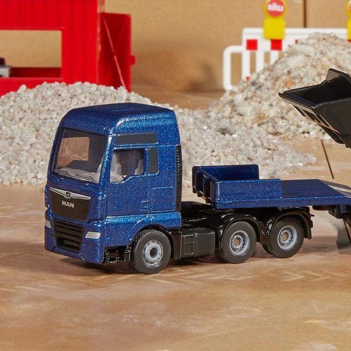 Siku 1790, Camion MAN con remolque bajo y cargador de ruedas JCB, 1:87, Metal/Plastico, Azul/Amarillo, Rampa plegable, Brazo de carga movil - Imagen 2