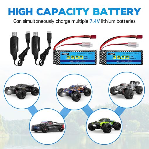 Paquete de 2 Baterias Lipo de 7.4V 3500mAh 30C con T-Plug y Cargador USB para MJX H16 H16P H16E H16GT H16BM H16DR H16PL 14301 Coche RC de Alta Velocidad Modelo de Coche de Drift Upgrade Battery (2 Baterias + 2 USB) - Imagen 2