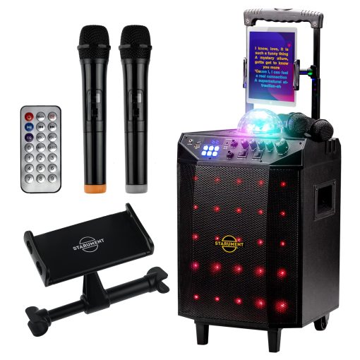 Maquina de Karaoke Portatil Starument para Adultos y Niños - Sistema Completo Incluye Altavoces Bluetooth, 2 Microfonos Bluetooth, Bola de Discoteca, Luz de Altavoz LED, Soporte para Telefono Celular y USB Aux