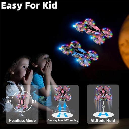 Drones para Ninos - Juguetes para Ninos y Ninas Regalos Perfectos para Navidad y Cumpleanos - Modo Dual para Tierra y Vuelo Coincide con Ruedas Luces LED con 12 Modos de Escena (Rosa Topacio y Azul Arrecife) - Imagen 4