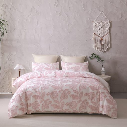 Set de edredon de jacquard recortado de algodon Meadow Park, 5 piezas, tamano Queen, juego de ropa de cama para el hogar de estilo Shabby Chic, rosa - Imagen 2