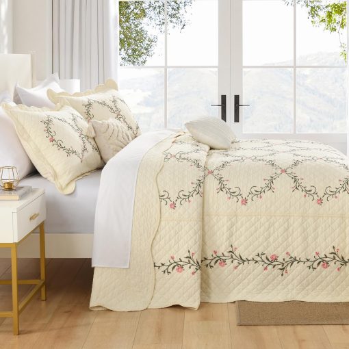 Colcha de cama SahSahCasa 100% algodon 120"x102", Colcha de cama Queen extragrande con bordado, edredon reversible Queen Flores XL, Colcha acolchada ligera Comforter, 3 piezas