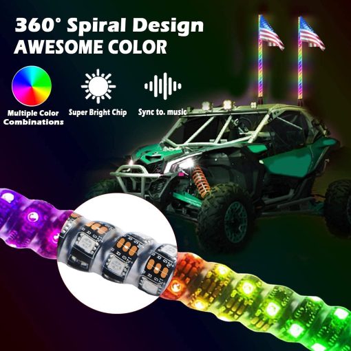 Paquete de 2 luces LED de latigo de 3 pies y luces de roca de 3? generacion con Bluetooth y control remoto 360° Spiral Chase RGB 8 Pods Luz de neon Luces de advertencia offroad Luces de antena iluminadas con LED - Imagen 3