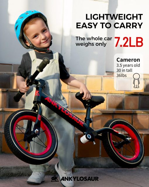 Bicicleta de Equilibrio ANKYLOSAUR 12" para Ninos de 2.5 a 5 Anos, Elegante Negro, Cuadro de Aluminio Ultraligero de 7.2lb, Neumaticos Inflables Antideslizantes y Absorbentes de Impacto, Asiento Ajustable - Perfecto para Ninos Aventureros - Imagen 5