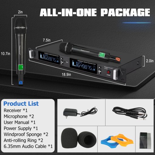 Sistema de Microfono Inalambrico Profesional UHF happymusic, 2 Canales Set de 2 Microfonos de Mano sin Cable, Escaneo Automatico, Hasta 350ft para Cantar, Karaoke en Casa, Iglesia, Boda (UT22) - Imagen 7