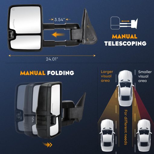 Espejos de Remolque para Chevy GMC 2014-2018 Silverado 1500 Sierra 1500 2500 3500 HD, 2015-18 Silverado 2500 3500 HD con Luz de Giro de Flecha, Calefaccion Electrica, Plegado Manual y Extension Telescopica. Par - Imagen 3