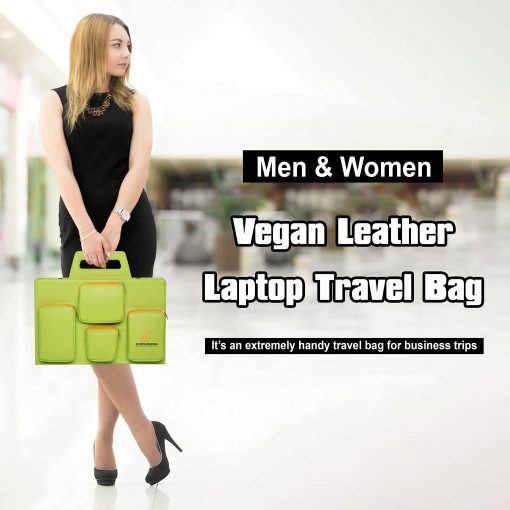 Bolsa de viaje de cuero vegano Domari para laptop para Hombres y Mujeres de 14 pulgadas con cremalleras resistentes - Verde - Imagen 2