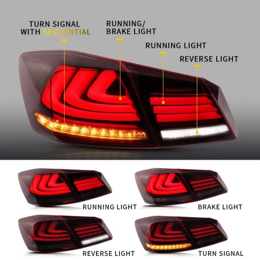 Juegos completos de luces traseras LED VLAND para [Honda Accord 9th Gen Sedan 2013 2014 2015] con senal de giro secuencial ambar, YAB-YG-0250-H, Rojo y ahumado [No compatible con Honda accord lx/Sport/Touring] - Imagen 4