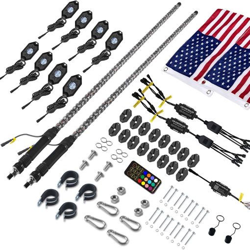 Paquete de 2 luces LED de latigo de 3 pies y luces de roca de 3? generacion con Bluetooth y control remoto 360° Spiral Chase RGB 8 Pods Luz de neon Luces de advertencia offroad Luces de antena iluminadas con LED - Imagen 2