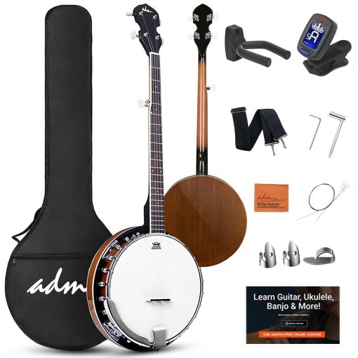 Set de Banjo de 5 Cuerdas ADM Banjo de Tamano Completo con Cabeza de Tambor Remo, Afinador de 5? Engrane, Kit de Banjo para Principiantes con Espalda Cerrada, Paquete de Regalo, Clases Gratis y Accesorios de Inicio para Adulto Adolescente, Tamano Grande