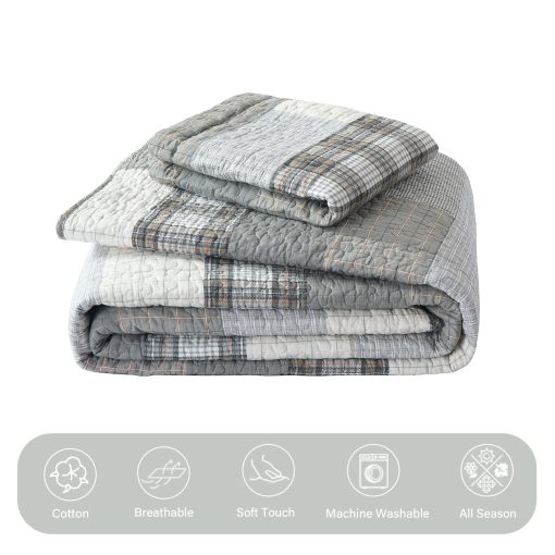 Colcha de Tamaño King Finlonte, Juego de Colcha de Cama King de Algodon, Gris(Azul) Colcha de Cama King Patchwork a Cuadros, Colchas Reversibles Suaves de Tamaño King, 3 Piezas - Imagen 6