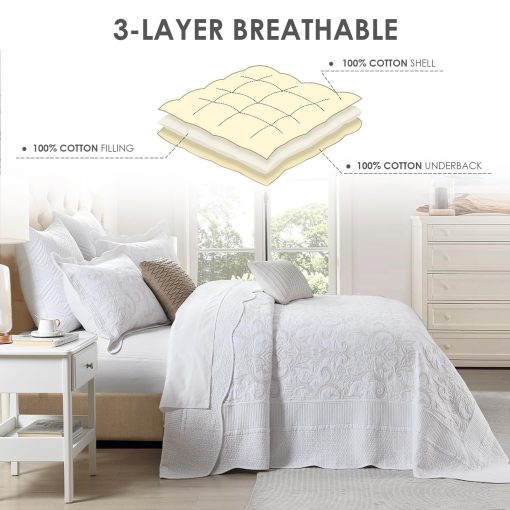 Colcha extragrande QuiltEase para cama King - 120" L x 120" W Extra Wide - Juego de colchas bordadas 100% algodon ligero - Colcha reversible California King - 3 Piezas - Blanco - Imagen 4