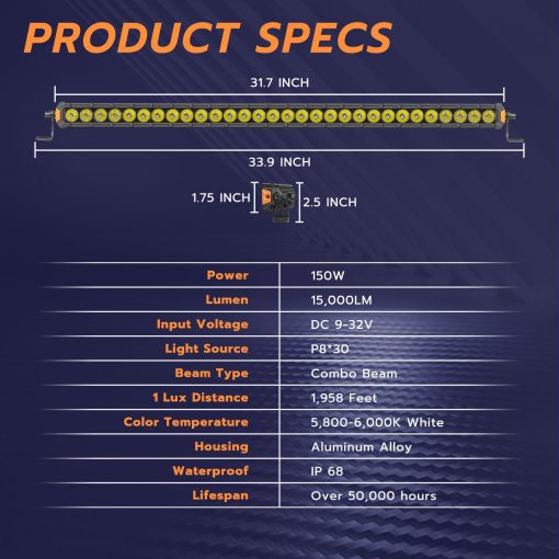 Barra de luz LED JIEPENG de 30 pulgadas 150W Fila unica 15000LM Delgada Barra de luz de conduccion Combo Luz de niebla Super brillante Luz de trabajo impermeable para camioneta ATV UTV SUV - Imagen 2