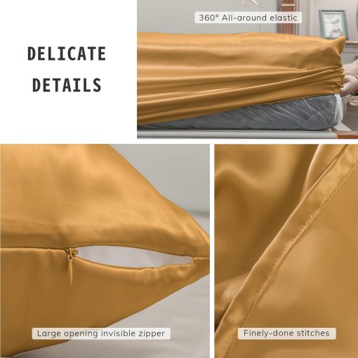 Juego de sabanas de seda 100% Promeed con 23 momme de seda de mora ajustable, sabana plana y funda de almohada, ideal para pieles sensibles (Oro, Twin / Twin XL) - Imagen 5