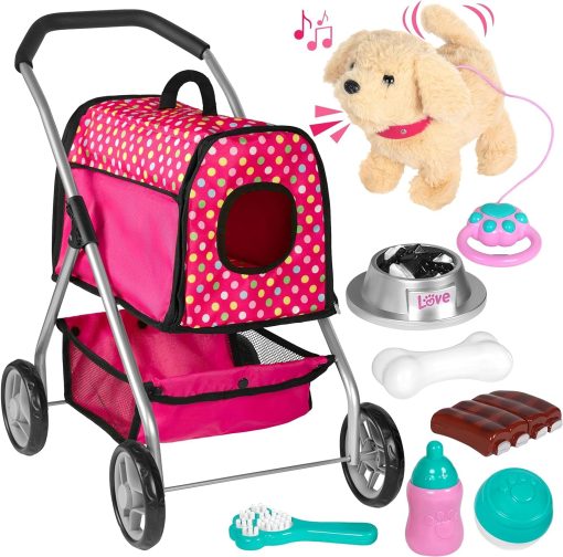 Carriola de Muneca para Perritos - Juguete de Perrito de Peluche Electronico con Control Remoto - Canta, Camina, Ladra, Mueve la Cola, Juguete Interactivo de Perritos de Peluche para Ninas - Juegos de Imitacion y Juegos Pequenos