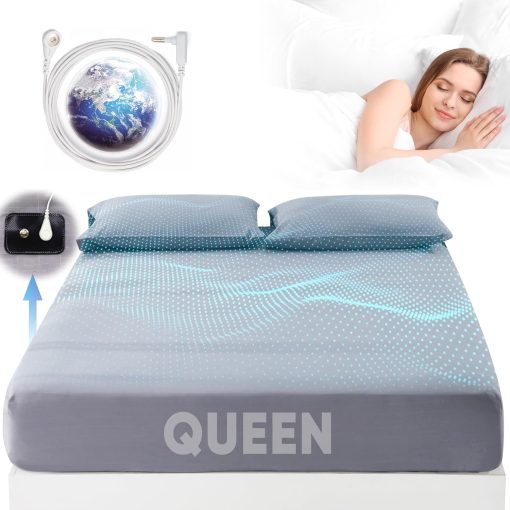 Sabanas de conexion a tierra tamaño queen, 95% algodon organico + 5% fibra de plata pura, sabana conectada a la tierra (queen - 60"x 80"x 13" gris) Sabanas terrenales ajustables con cable de tierra