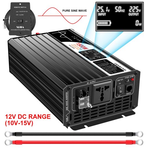 Inversor de energia solar pura de onda sinusoideal Xijia 1500W (Potencia pico 3000W) DC 12V a AC 120V 60HZ Conversor solar para uso domestico automovil (DC12V (Rango 10V-15V) 1500W) - Imagen 2