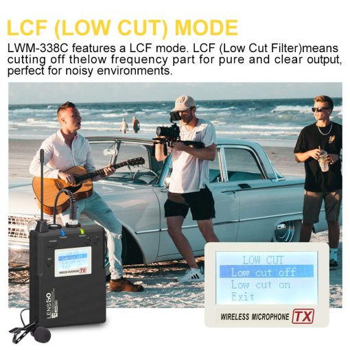 Microfono de solapa inalambrico LENSGO, microfono de solapa omnidireccional profesional UHF 338C Dual Transmitter con alcance de 150m para camara DSLR, smartphone y grabacion de video - Imagen 5
