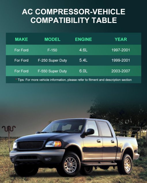 Compresor de AC SCITOO 1997-2007 para Ford F-150 F-250 F-350 F-450 F-550 F53 4.6L 5.4L 6.0L Compresor de AC 6.8L 4L3Z19703AB 4L3Z19703AC - Imagen 2