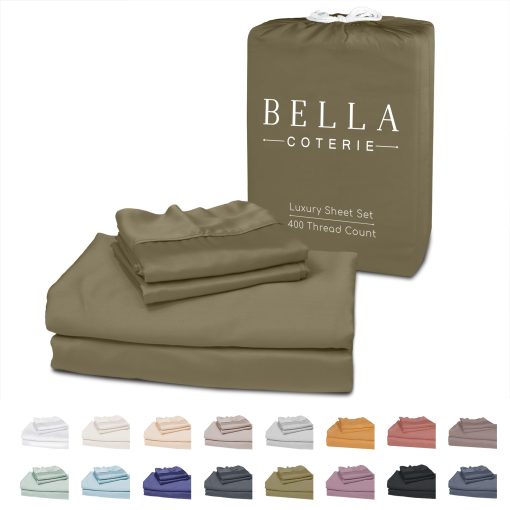 Juego de sabanas de lujo Bella Coterie Luxury Queen Bamboo | Cultivado organicamente | Ultra suave | Ideal para los que duermen en calor | Bolsillo profundo de 18" | Viscosa hecha de bambu [Verde Oliva]