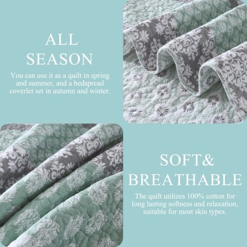 DDUOXIN Colchas Florales Tamaño Queen - 100% Algodon Reversible Colcha Queen con 2 Fundas de Almohada, Colchas Queen Livianas Juego de Cama, Verde/Gris, Queen - Imagen 5