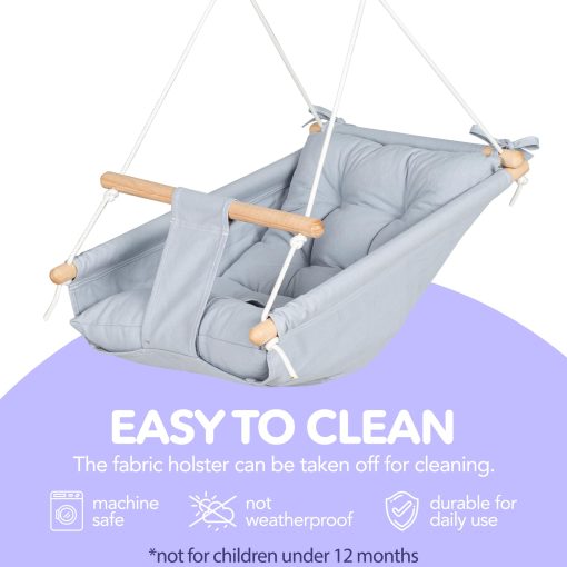 CaTeam - Columpio para Ninos de Lona, Asiento Columpio de Madera con Cinturon de Seguridad, Resistente Silla Columpio para Ninos, Columpio para Interiores y Exteriores para Ninos, Incluye Hardware de Montaje, Gris Azul - Imagen 5