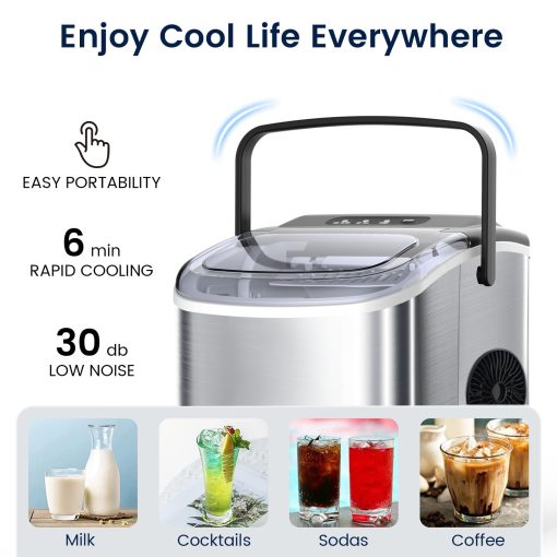 Maquina de Hielo de Acero Inoxidable Joy Pebble para Mostrador, 26Lbs/24H, 9 Cubos Listos en 6-8 Minutos, Maquina de Hielo Portatil con Autolimpieza y Asa, para Casa/Oficina/Bar (Plata) - Imagen 6