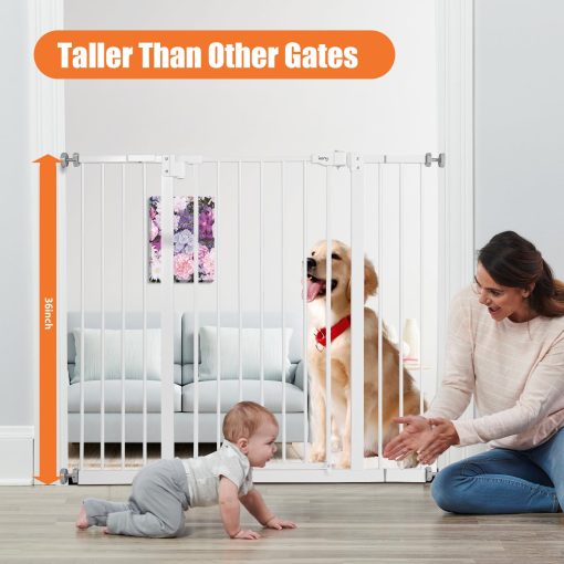 Puerta extra alta Keny de 36" para bebes en escaleras, Puerta para perros de 29"-42.5" de ancho con cierre automatico, Puerta de mascota de facil acceso montada a presion para puertas, Puerta de seguridad duradera para escaleras, Blanco - Imagen 2