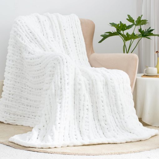 Manta de Punto Grueso Carriediosa 60" X 80" Twin, 100% Hecha a Mano con Gran Ondulado de Chenille Suave y Esponjoso para Sofa Cama, Manta Grande de Ganchillo Muy Acolchada y Gruesa, Blanco Nieve - Imagen 4