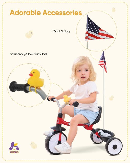 Triciclo para Ninos KRIDDO para 18 Meses a 3 Anos, Triciclo Plegable para Ninos con Canasta de Almacenamiento, Triciclo para Ninos de 2 Anos, Asiento Ergonomico Ajustable Facil de Transportar, Estructura Estable para Paseos Suaves, Rojo - Imagen 5
