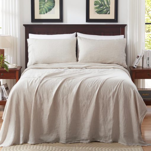 Juego de sabanas de lino puro TOSMO, 100% lino natural frances Juego de ropa de cama 4 piezas (Queen, 1 sabana plana, 1 sabana ajustable, 2 fundas de almohada) - Lino natural