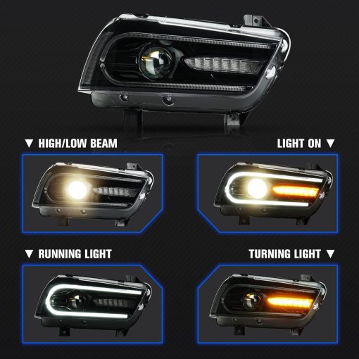 Conjunto de faros delanteros de proyector dual Gubebaili para Dodge Charger R/T Pursuit SRT8 SXT Plus 2011-2014, lampara delantera LED con luces diurnas DRL y senales de giro secuenciales, lente clara - Imagen 2