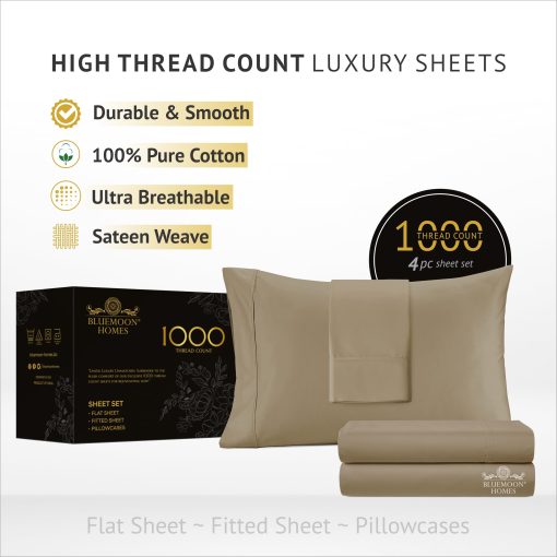 Juego de Sabanas Bluemoon Homes King Size 100% Algodon Egipcio Extra Profundo - Sabanas King Size de 1000 Hilos, Juego de 4 Piezas de Sabanas King Size, Para Colchones de Hasta 18", Ropa de Cama de Lujo, Taupe - Imagen 2