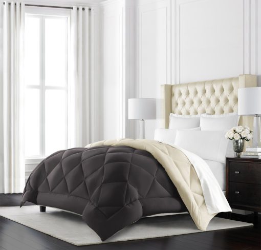 Edredon Reversible de Microfibra Alternativa de Pluma de Ganso de Coleccion Beckham Hotel - Todas las Estaciones - Edredon de Lujo de Calidad Premium - Individual/Individual XL - Cafe/Crema