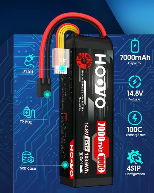 Bateria LiPo HOOVO 4S 14.8V 7000mAh 100C con Placas Metalicas Compatible para X-Maxx RC Truck Tank RC Car Racing Hobby (Paquete de 2) - Imagen 2