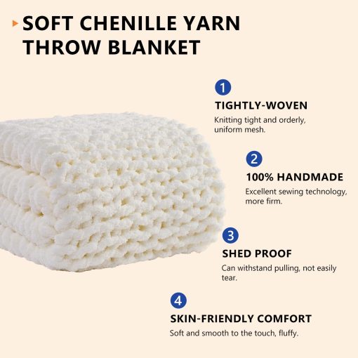 Manta de Punto Grueso L'AGRATY: Manta de Chenilla Suave de 60x80 - Manta de Ganchillo Grueso Hecha a Mano - Manta de Cable Grueso para Sofa Cama Decoracion del Hogar (Blanco Crema) - Imagen 2