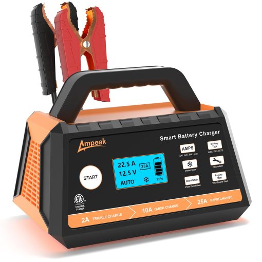 Cargador de Bateria para Automovil Ampeak, Cargador de Bateria 2A/10A/25A, Cargador de Bateria Totalmente Automatico de 12V con Modo Invierno, Desulfatador Automatico, Recuperacion de Bateria para Todos los Tipos de Baterias de Plomo-acido