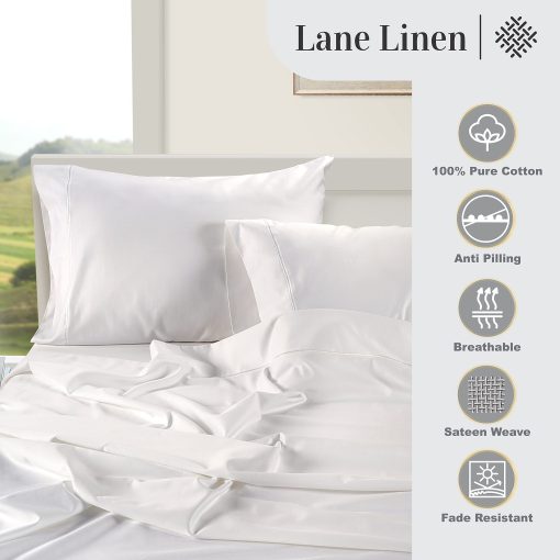 Juego de sabanas 100% algodon egipcio LANE LINEN tamano King - Juego de sabanas de tamano King de 1000 hilos, sabana suave de saten tamano King, sabanas de lujo ultra King, Juego de sabanas King de bolsillo profundo de 16" - Blanco Nieve - Imagen 4