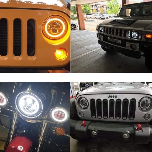 Par de Faros Redondos LED de Proyeccion de 7" con Anillo de Halo Blanco DRL Luz de Giro ambar con Kit de Lampara de Haz Alto y Bajo para Jeep Wrangler Jk TJ LJ Rubicon Sahara Willys Hummer H1 H2 - Imagen 8